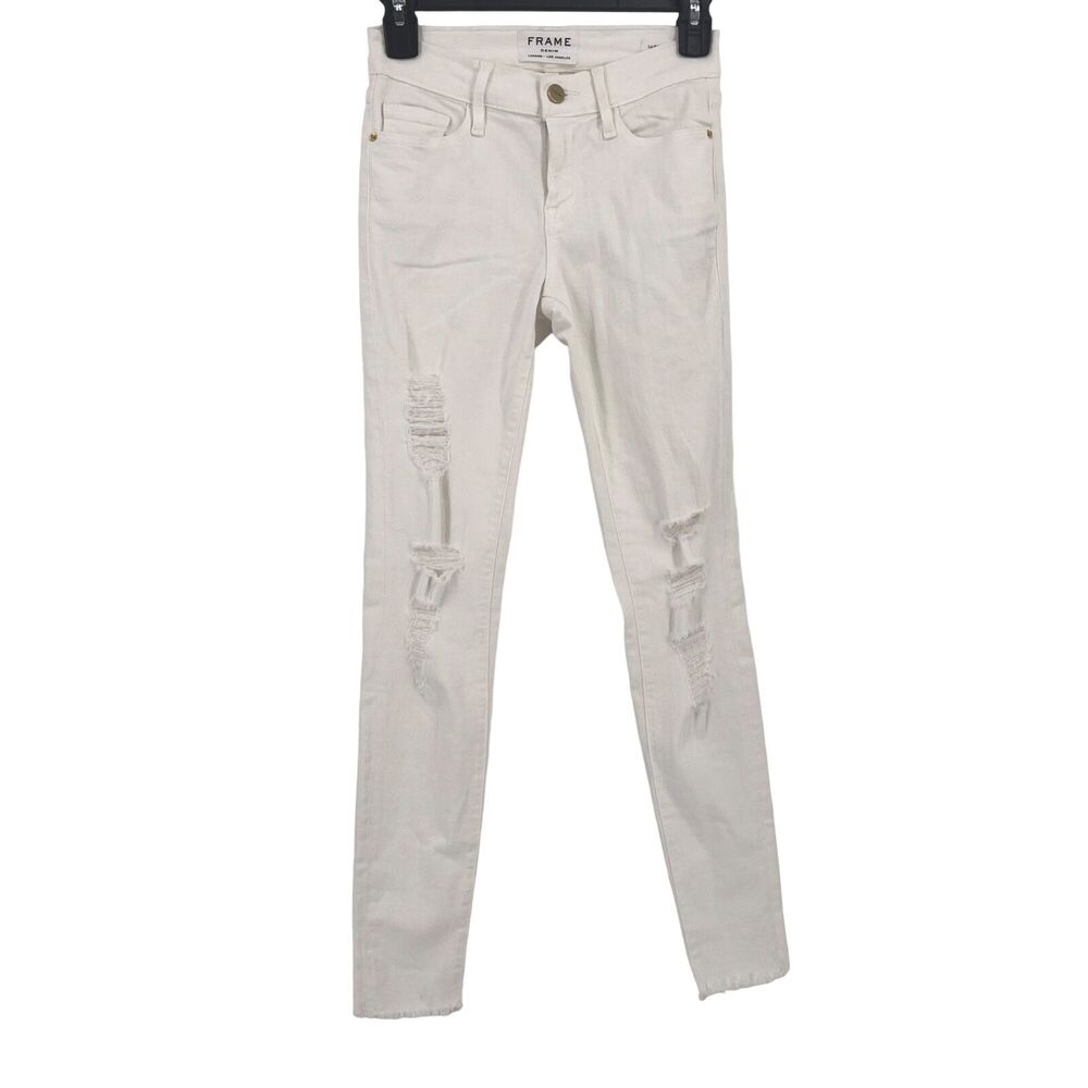 Frame Le High Skinny Blanc Jefferson Distressed Denim Jeans Womens Size 25
